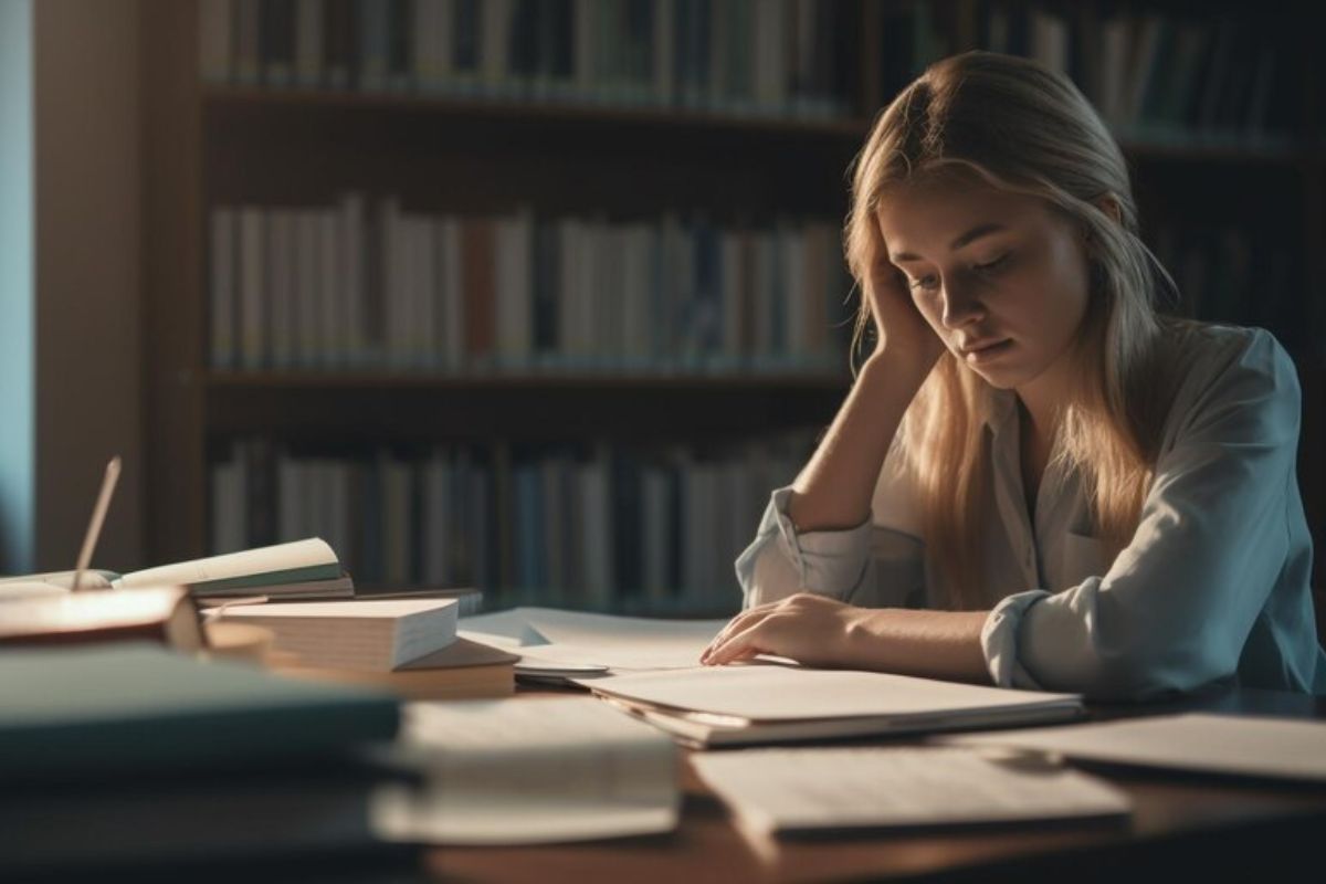 Uma estudante em seu quarto (com pouca luz) lendo as informações do seu caderno que está apoiado na mesa