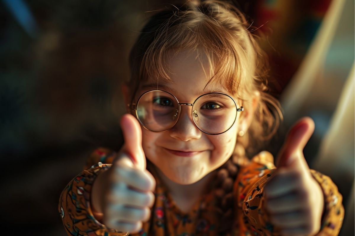 Uma pequena estudante de óculos faz sinal de positivo com as duas mãos e sorri