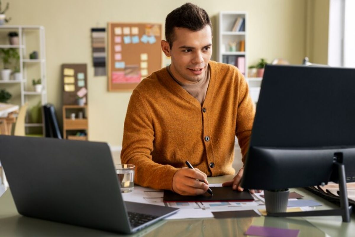 Um jovem escreve em seu caderno em frente ao seu computador