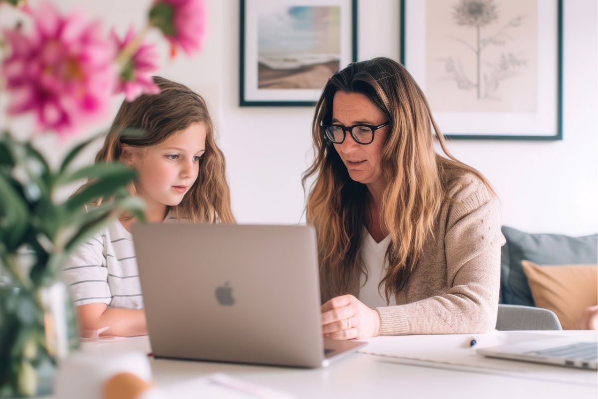 Uma mãe com sua filha em frente ao notebook participam da matrícula 2025 Americana