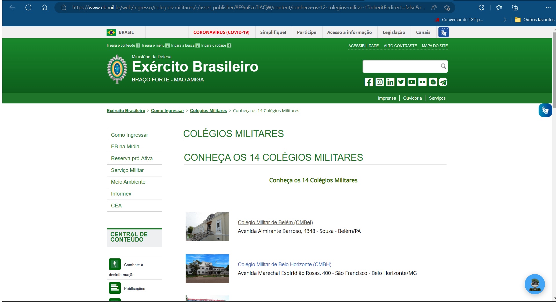 página de acesso aos colégios militares brasileiros