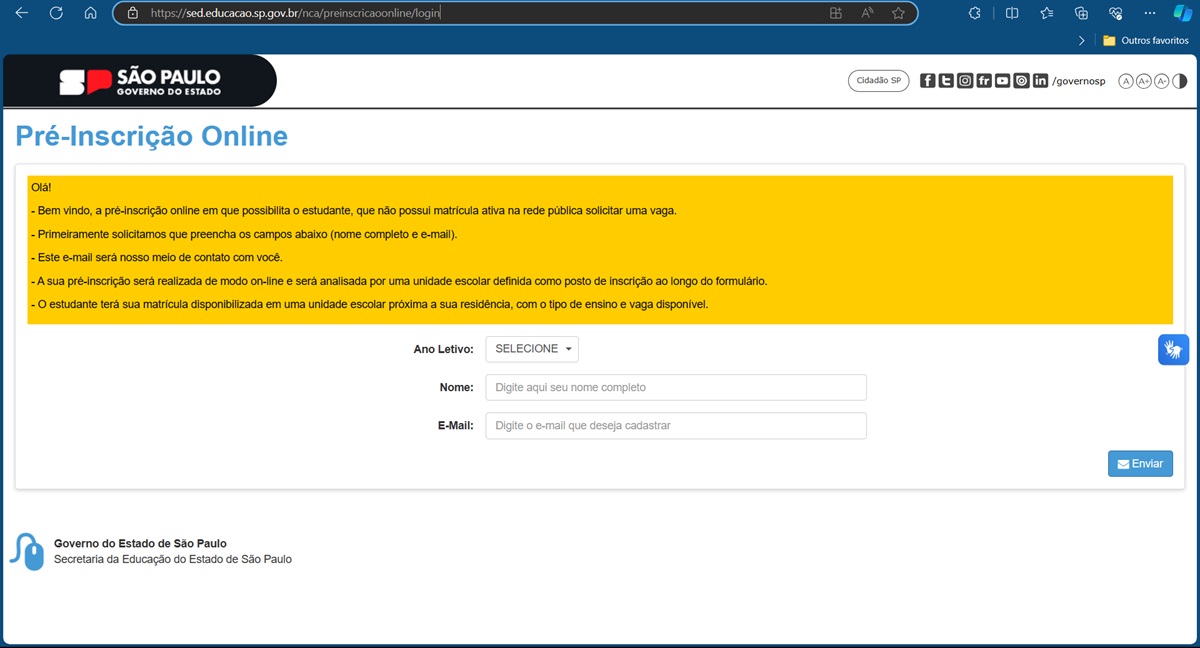 Portal de pré-inscrição online de SP 
