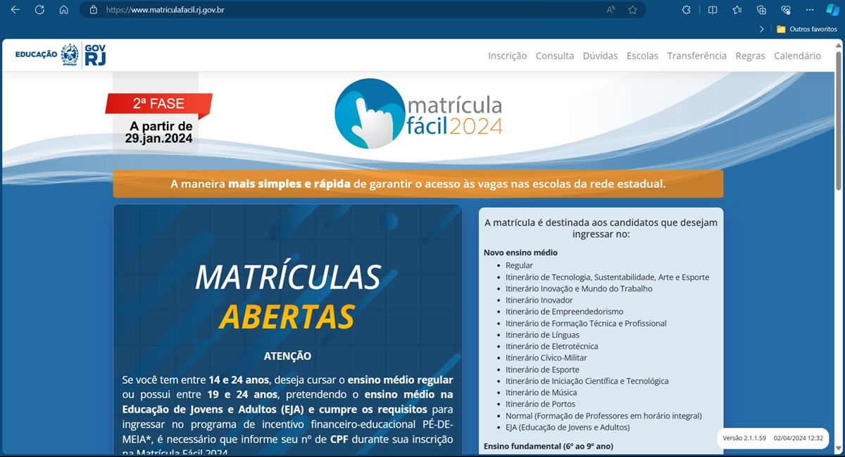 Portal Matrícula Fácil RJ 