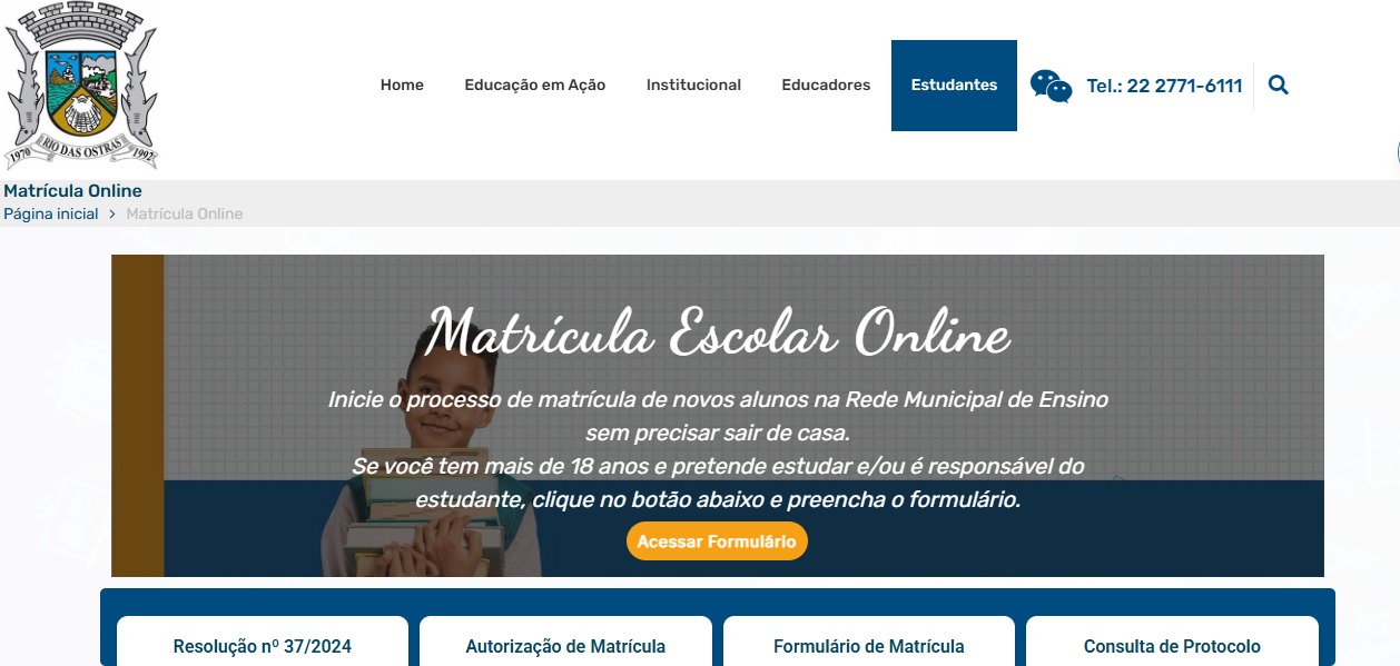 Portal de matrícula escolar de Rio das Ostras